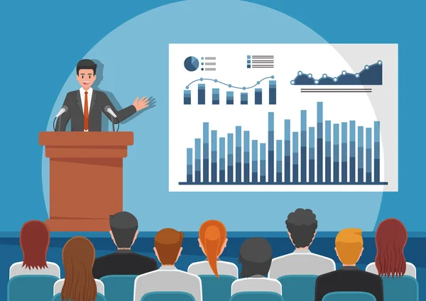 Επιχειρηματίες δίνοντας την ομιλία ή παρουσίαση γραφημάτων σε έναν πίνακα — Διανυσματικό Αρχείο