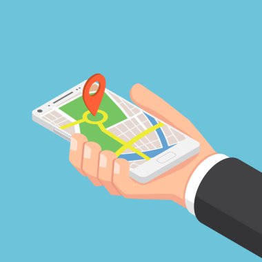 İzometrik işadamı el smartphone ile belirlemekte t üzerinde tutarak