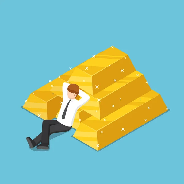 Empresário isométrico descansando com a pilha de barra de ouro . —  Vetores de Stock