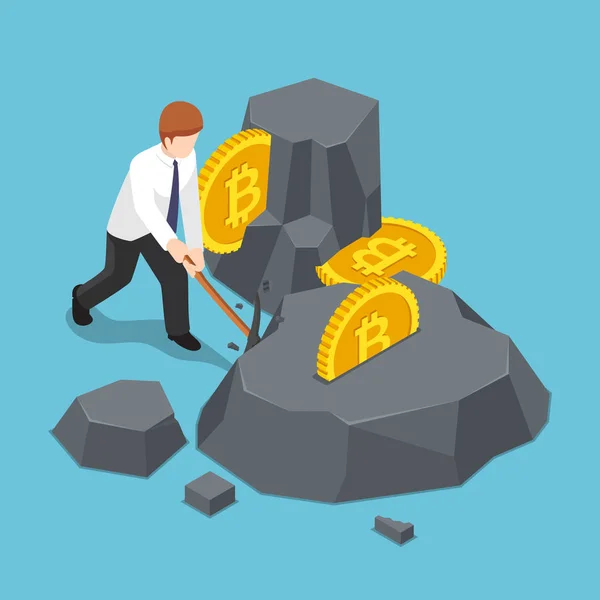 Izometryczne biznesmen jest kopanie bitcoin ze skały — Wektor stockowy