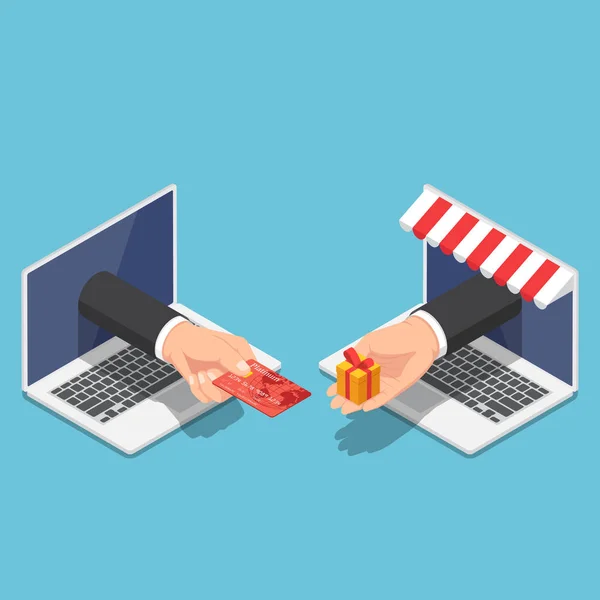 Izometrické podnikatel ruku používat kreditní kartu k nakupování online — Stockový vektor