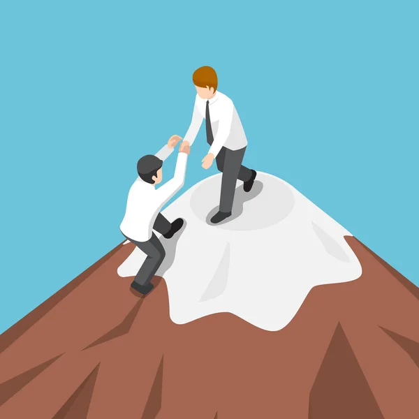 Isometric businessman help each other climb to the top of mounta — Stock Vector