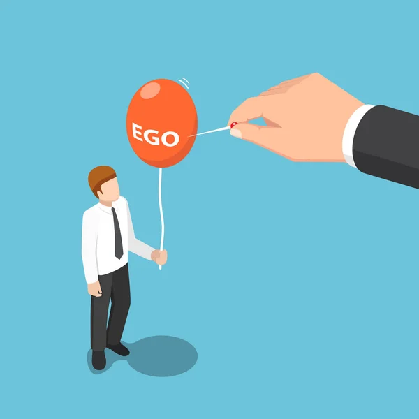 Isometrisk stor hand använda nål för att förstöra ego ballong av business — Stock vektor