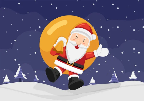 Feliz Santa Claus sosteniendo saco y saltando sobre la nieve — Vector de stock