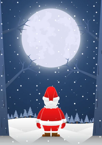 Santa Claus de pie solo en la noche de Navidad con la luna grande — Vector de stock