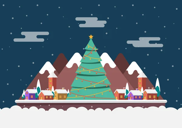 크리스마스 트레가 있는 작은 마을의 겨울 밤 풍경 — 스톡 벡터