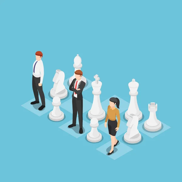 Equipe de negócios isométricos de pé com xadrez — Vetor de Stock