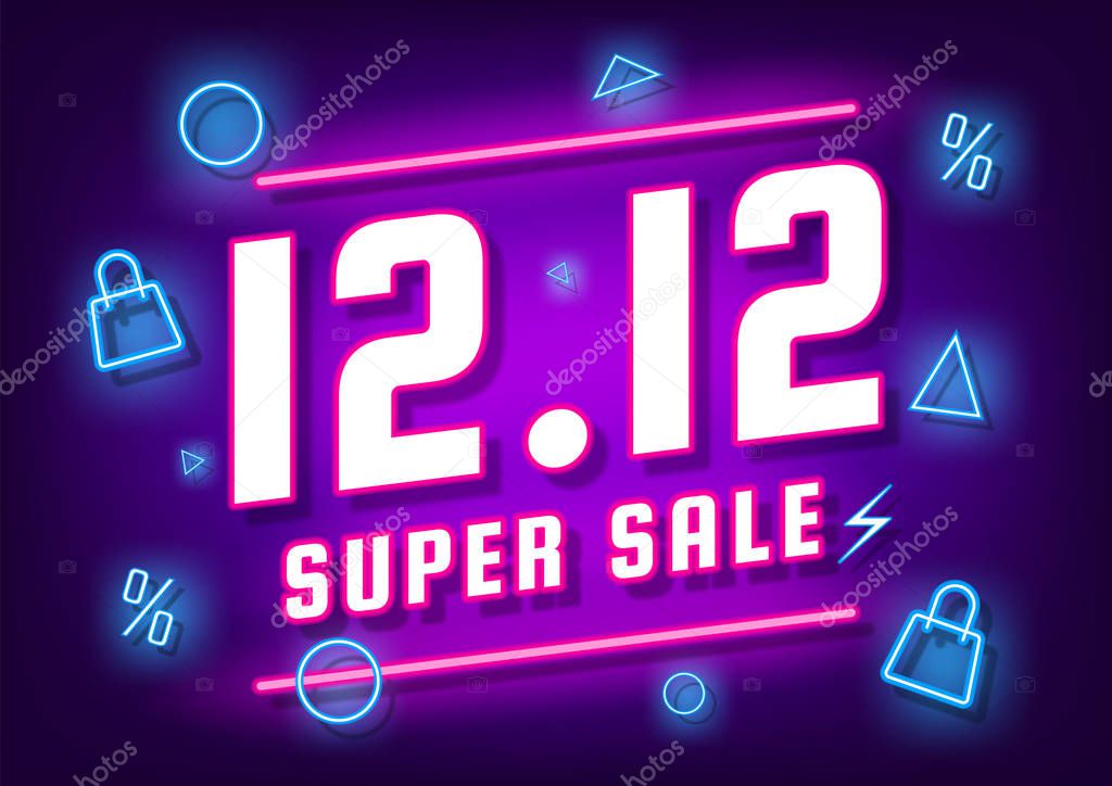 December 12 super sale shopping day neon sign background