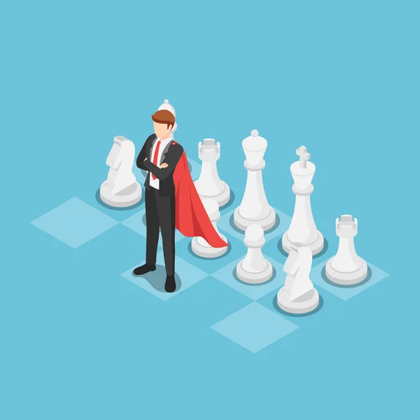 Izometrický super podnikatel jako lídr na šachovnici — Stockový vektor
