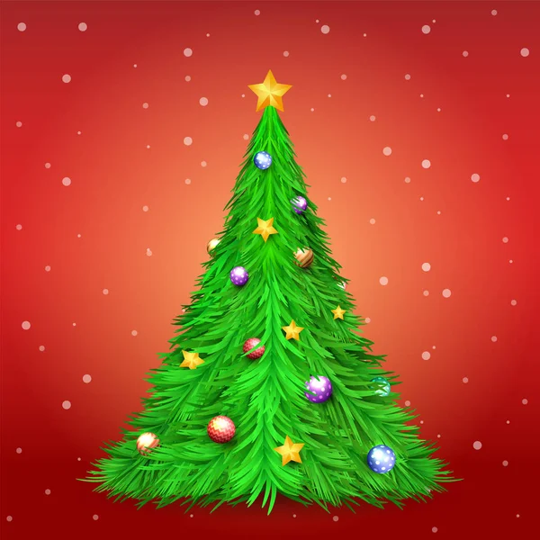 Árbol de Navidad con bola de decoración y estrella sobre fondo rojo w — Vector de stock