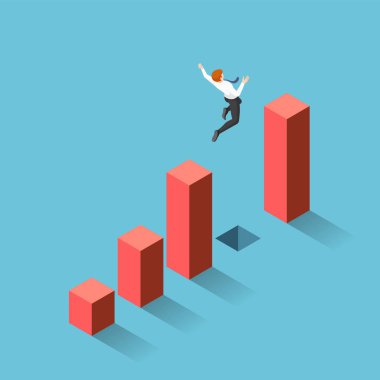 Isometric işadamı grafik arasındaki boşluktan atlıyor