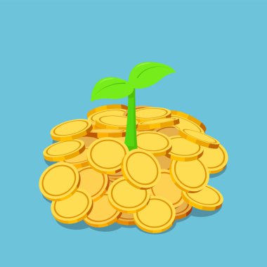 Altın sikkeler üzerinde büyüyen küçük Isome bitkisi