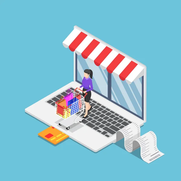 Isometric business woman with cart shopping on online store on l — Stock vektor