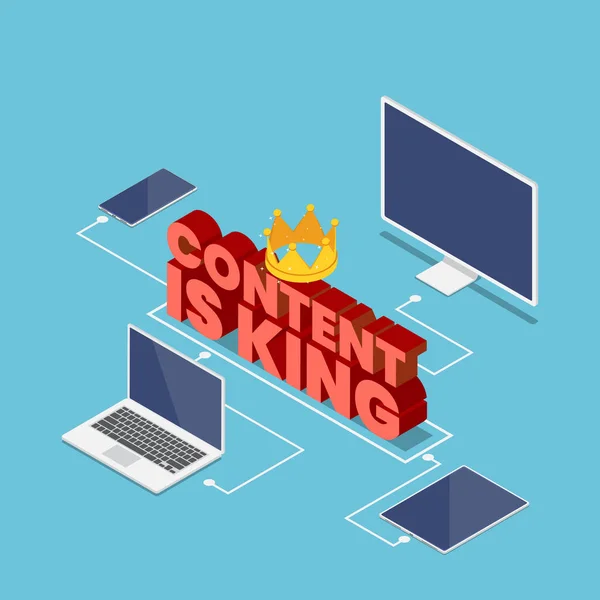 Isometric content is king text with crown connected with electro — 스톡 벡터