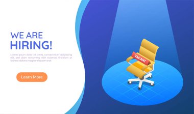 3D izometrik web pankartı ergonomik ofis koltuğu ışığın altında boş bir tabela ile. İniş sayfası konseptini işe almak ve işe almak.