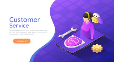 Akıllı telefondaki 3D izometrik kadın müşteri hizmetleri operatörü. Müşteri Hizmetleri ve destek yardımı kavramı