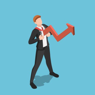 Düz 3D izometrik işadamı göğsünden kırmızı bir ok çıkıyor. Büyüme zihniyeti ve iş konseptindeki olumlu tavır.