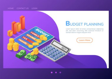 Dijital tablet üzerinde hesap makinesi ve parayla 3D izometrik web pankartı bütçe planlama uygulaması. bütçe planlaması ve finansal konsept.