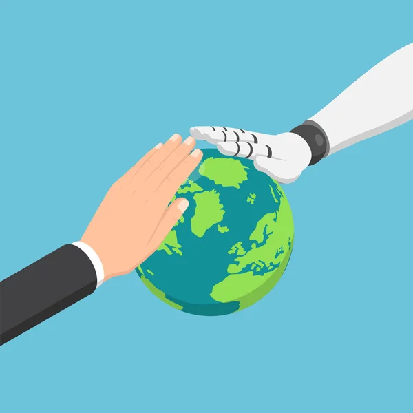 Плоский Ізометричний Бізнесмен Ефірний Робот Рука Захищає Світ Глобальний Бізнес — стоковий вектор