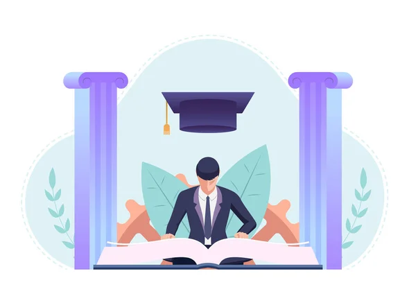 Empresario Estudiando Leyendo Libro Con Gorra Graduación Educación Concepto Empresarial — Vector de stock