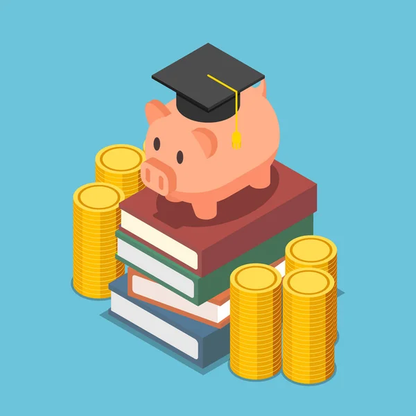 Flat Isometric Piggy Bank Graduation Cap Stack Book Investment Education — Stock Vector