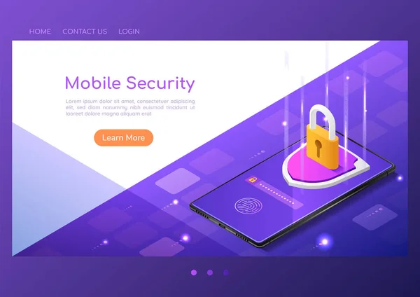 Isometric Web Banner Shield Lock Protection Finger Print Scan Security — Stock Vector