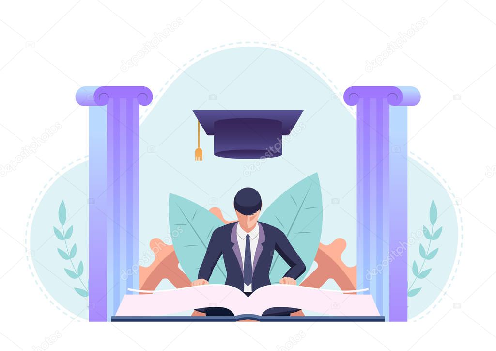 Businessman studying and reading a book with graduation cap. Education and business concept