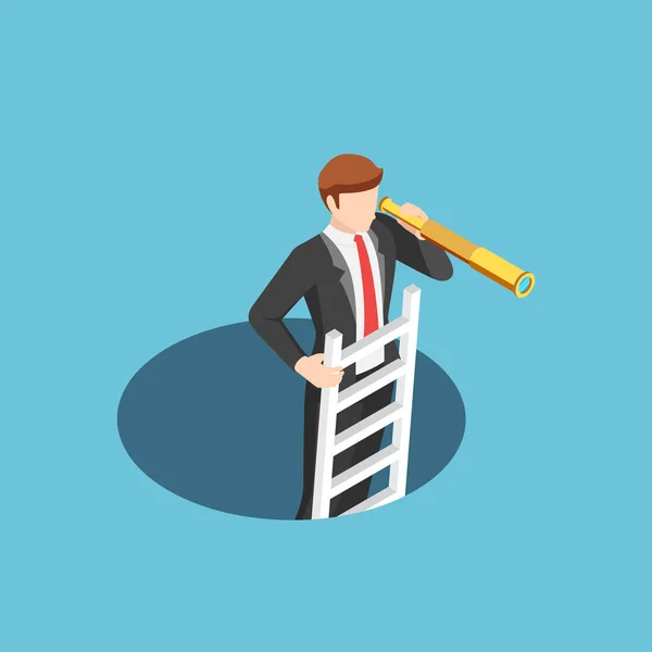 Flat Isometric Businessman Climbs Out Hole Ladder Using Telescope Business — Stock Vector