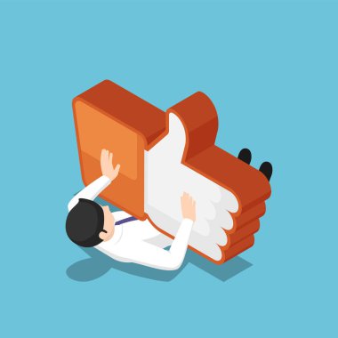 Düz 3D izometrik iş adamı benzer bir ikon tarafından eziliyor. Sosyal medya pazarlama ve sosyal ağ bağımlılığı kavramı.