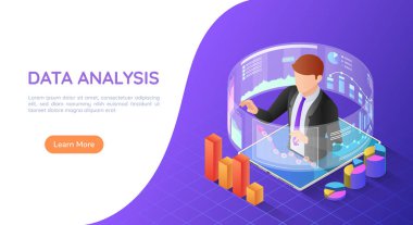 Sanal analitik iş raporlarıyla birlikte tabletteki 3D izometrik web pankartı işadamı. Veri analizi iniş sayfası kavramı.
