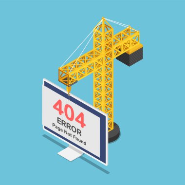 3D izometrik vinç asılı 404 hata sayfası ekranda bulunamadı. 404 hata sayfası bulunamadı ve web sitesi inşaat veya bakım kavramı altında.