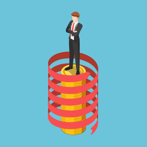 Flat Isometric Businessman Standing Coin Stack Spiral Growth Arrow Business — Stock Vector