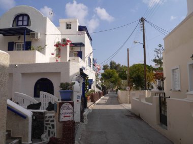 Perissa, Santorini / Greece - October 10, 2018: Tourist area in Perissa. A popular place for tourists to relax.