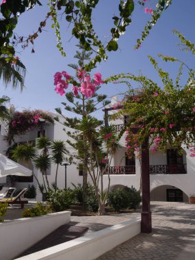 Perissa, Santorini / Greece - October 10, 2018: Tourist area in Perissa. A popular place for tourists to relax.