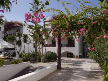 Perissa, Santorini / Greece - October 10, 2018: Tourist area in Perissa. A popular place for tourists to relax.
