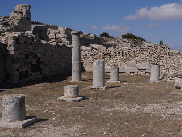 Las Ruinas Antigua Ciudad Tehra Meseta Mesa Vouno Isla Santorini — Foto de Stock