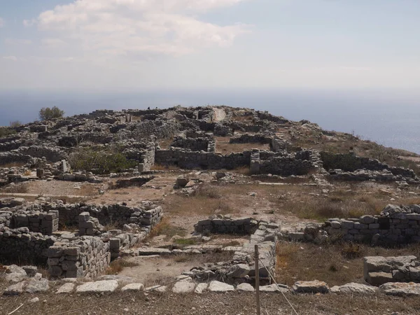 Las Ruinas Antigua Ciudad Tehra Meseta Mesa Vouno Isla Santorini — Foto de Stock