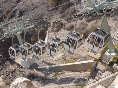 Fira, Santorini / Greece - October 8, 2018: Cableway in Fira. Overhead cable car connecting the Fira harbor with the town.