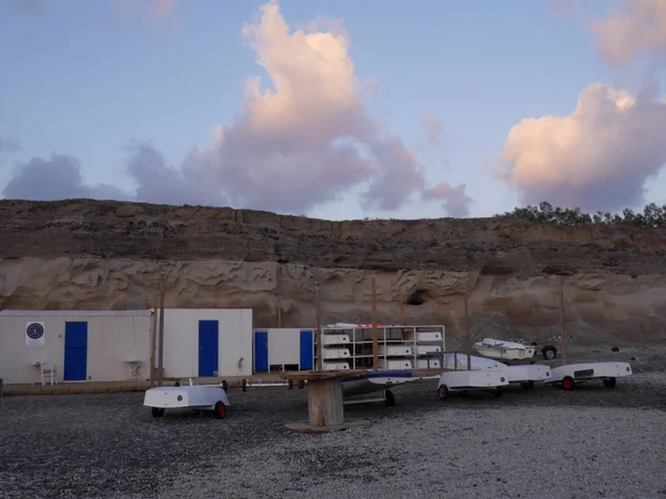 Vlychada, Santorini / Greece - October 9th. 2018: Boat station, boat rental on the beach of Vlychada.
