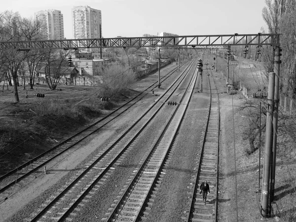 Kiev Ucraina Aprile 2019 Vista Dal Ponte Binari Ferroviari — Foto Stock