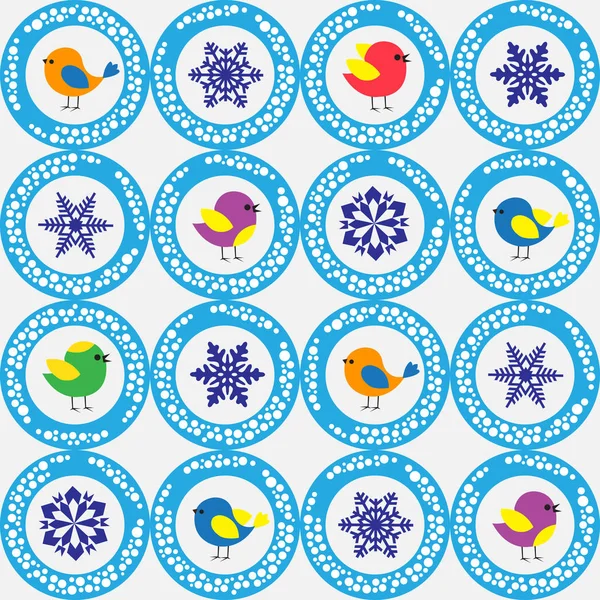 Patrón de invierno festivo sin costuras con aves, copos de nieve y bolas — Vector de stock