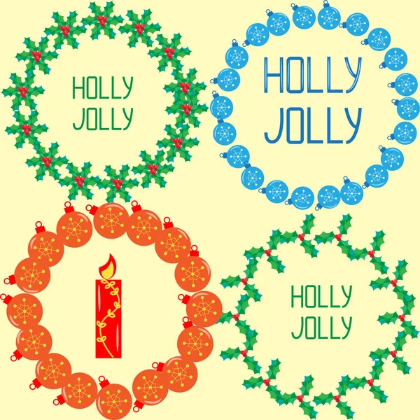 Wieńce na Boże Narodzenie z eleganckim kul, piosenka Holly, ręka napis — Wektor stockowy