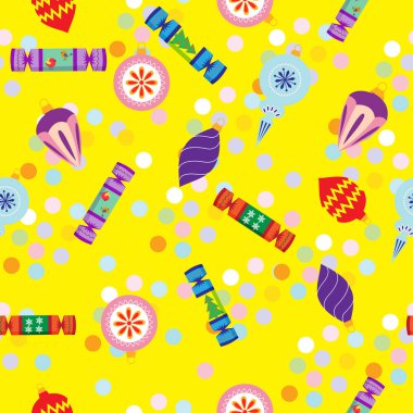 Kraker, Noel süsleri ve parlak sarı zemin üzerine konfeti ile Seamless Modeli yeni yıl.