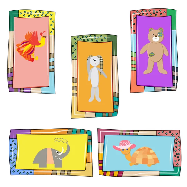 Conjunto de 5 tarjetas de bebé con animales lindos - Firebird, tortuga, elepha — Vector de stock