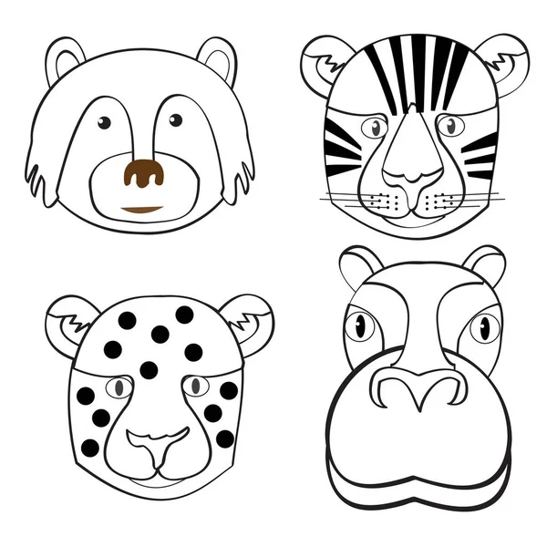 Conjunto de cabeza animal blanco y negro en el estilo de dibujos animados y Doodle — Vector de stock