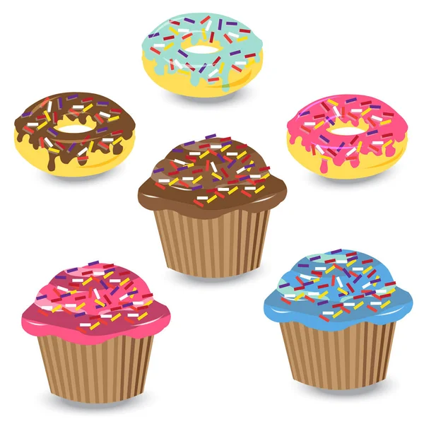 Conjunto vetorial de cupcakes coloridos e donuts, no estilo de flat — Vetor de Stock