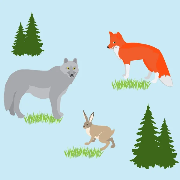 Concepto vectorial con animales del bosque en el prado con ele diseño — Vector de stock