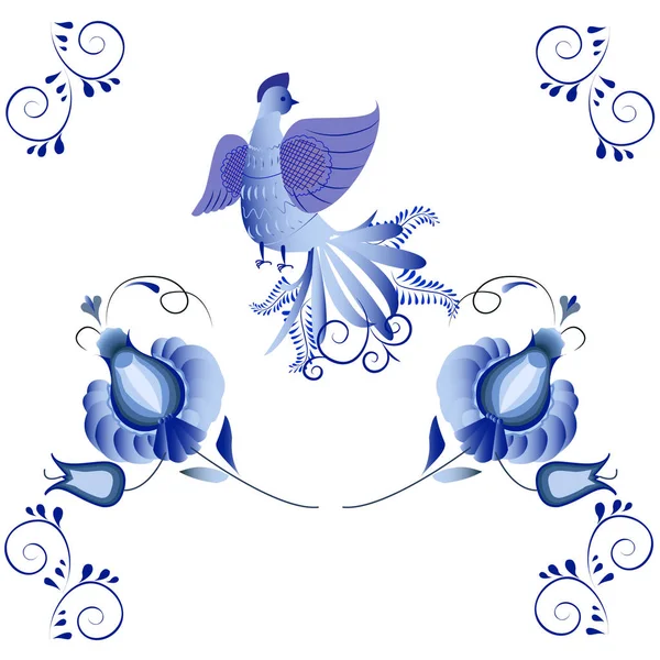 Russischer Nationalschmuck. blaues Blumenmuster im Gzhel-Stil ap — Stockvektor