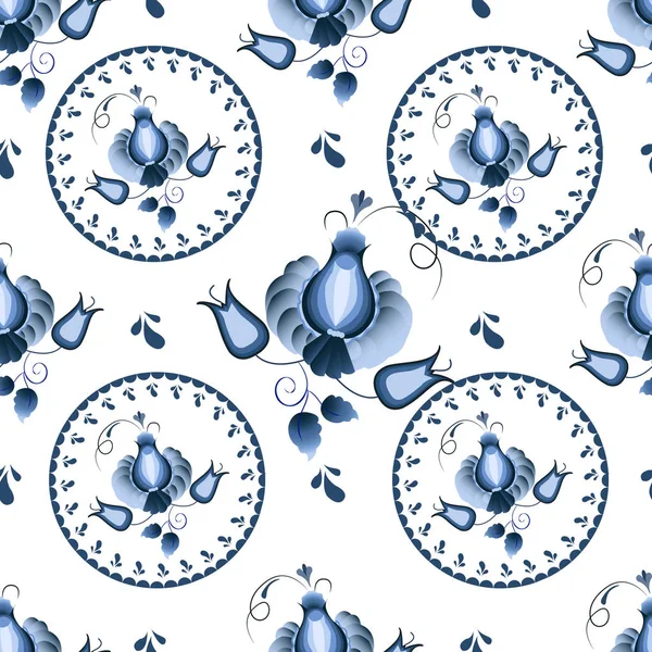Ornamento floral azul simétrico em estilo Gzhel em um backg branco — Vetor de Stock