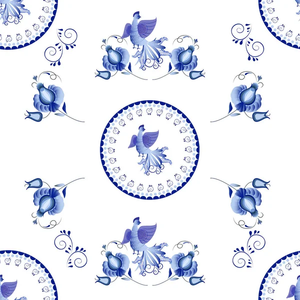Symmetrischer blauer Blumenschmuck im Gzhel-Stil auf weißem Rücken — Stockvektor